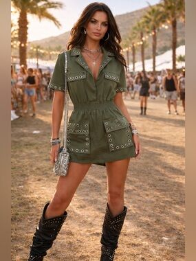 Maje Olive Green Eyelet Utility Mini Dress w silver accents